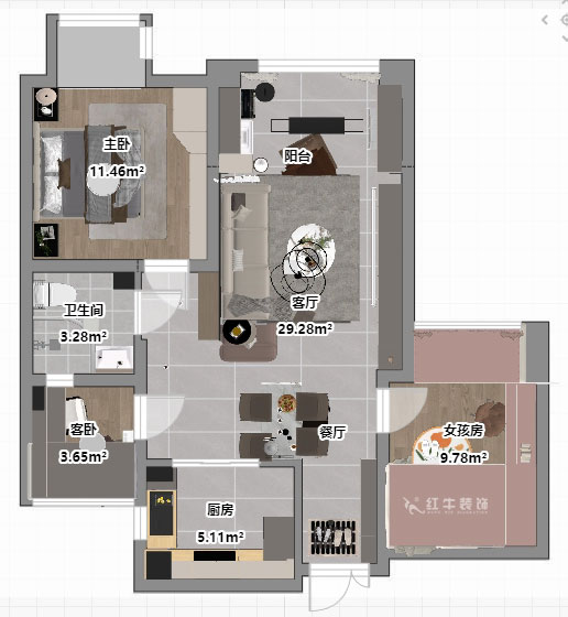 魏明花｜金陵湾6幢2-503-89㎡-现代简约风格｜3室2厅1卫｜二手房装修｜定制家｜全包12万｜00_03平面彩图